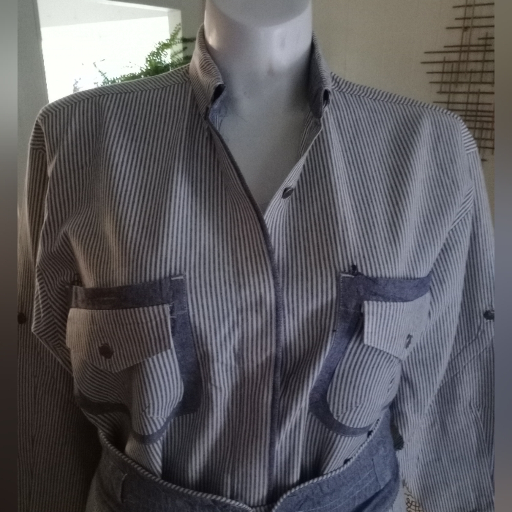 Vintage Chaussport Cotton Pinstripe Skirt Set L Western Utility Boho - Picture 7 of 14